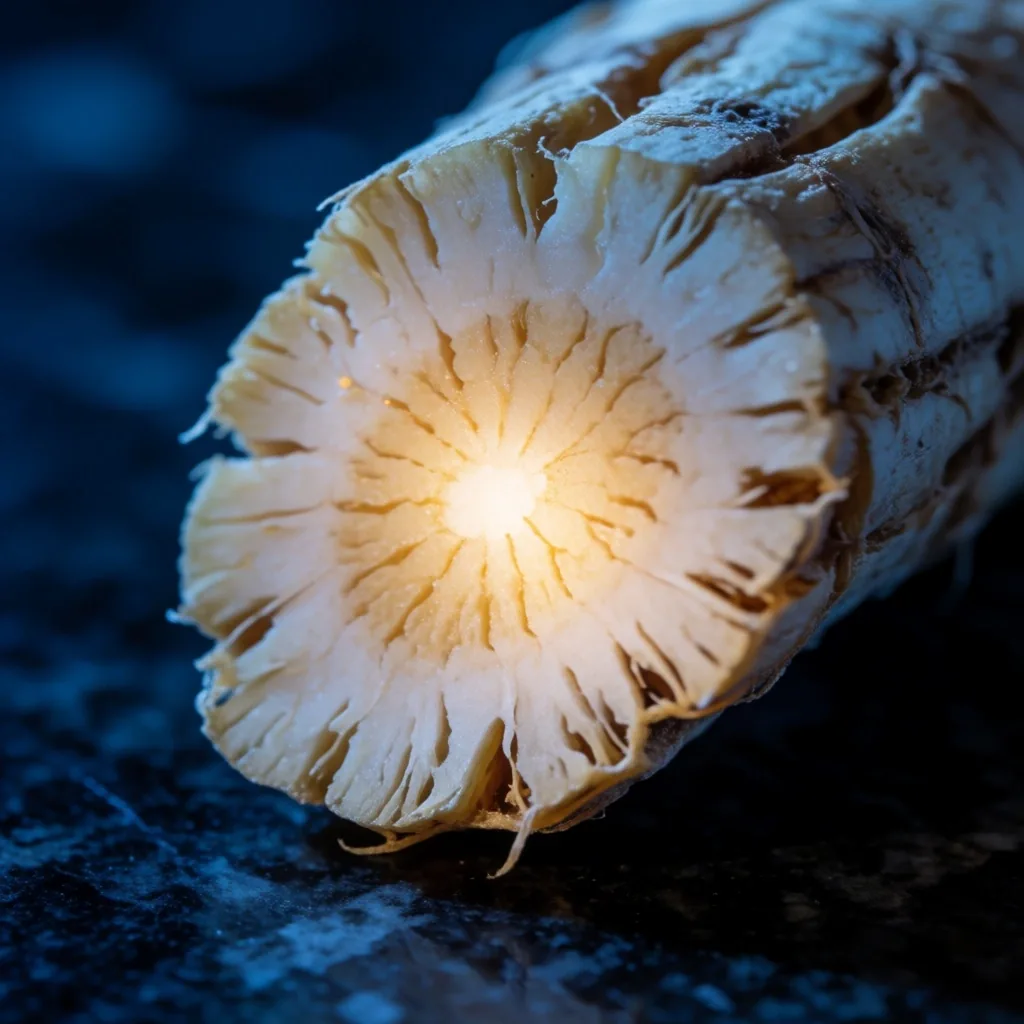 Cross-section of a ginseng root on dark stone, cold studio light