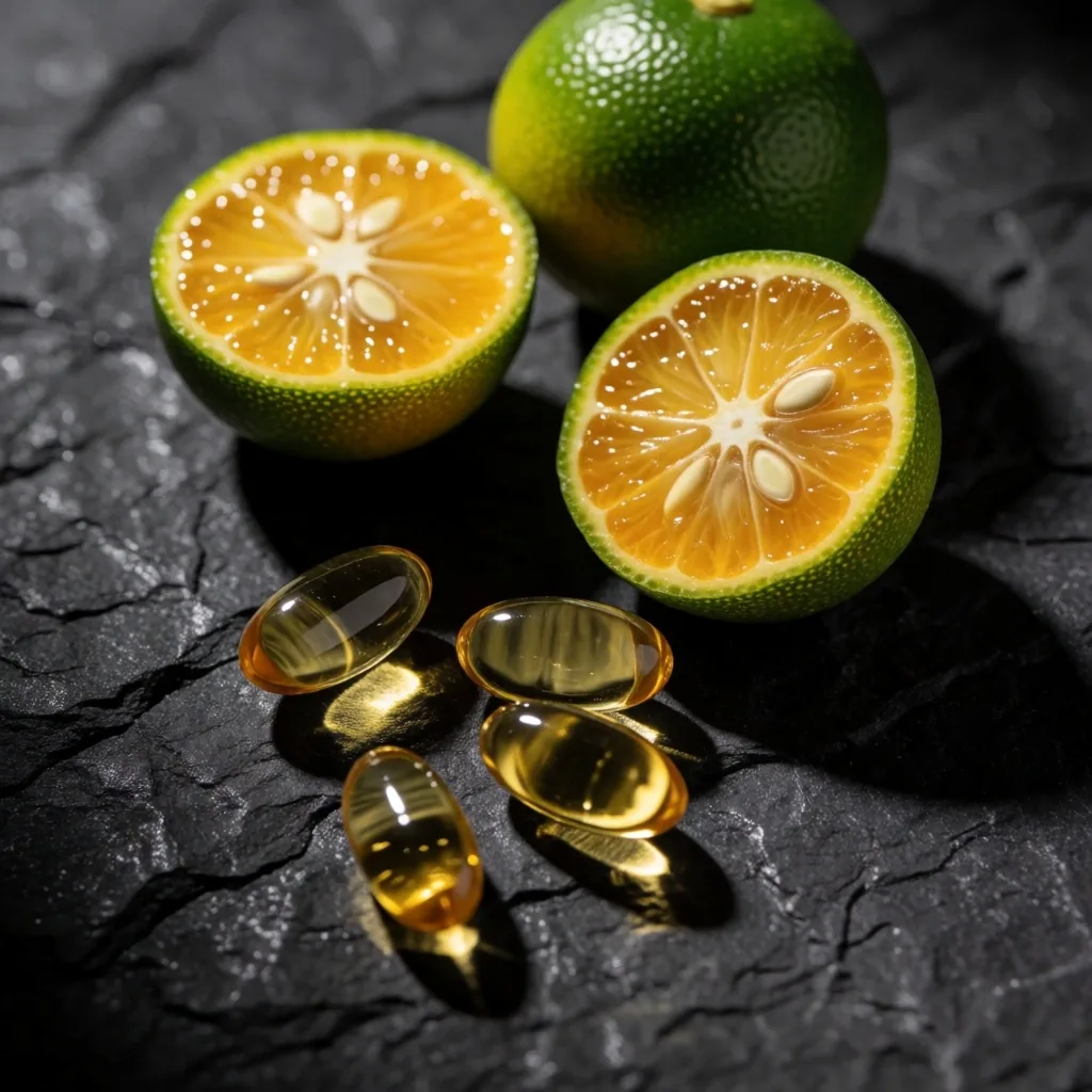 Citrus fruit and vitamin E capsules on dark slate
