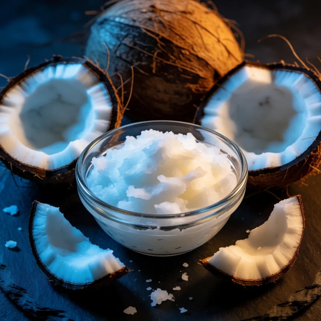 Coconut oil and fresh coconuts on dark stone