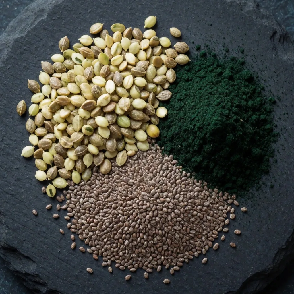 Plant protein sources on dark stone