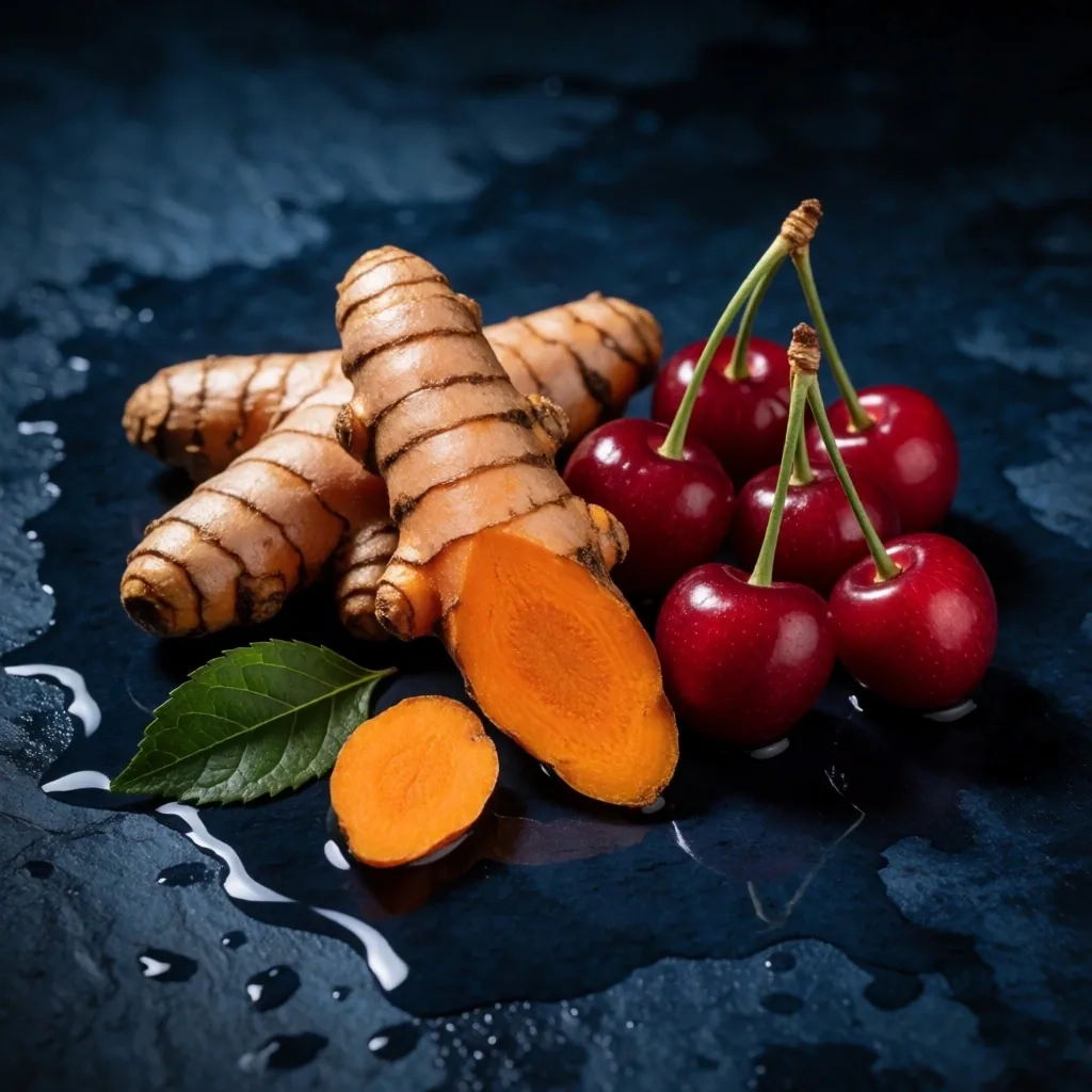 Turmeric root and tart cherries on dark surface