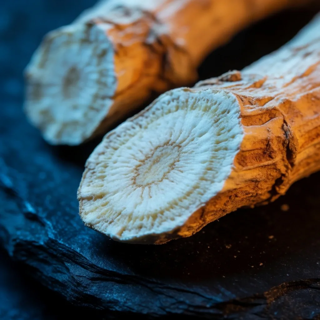 Cross-section of a botanical root on dark stone