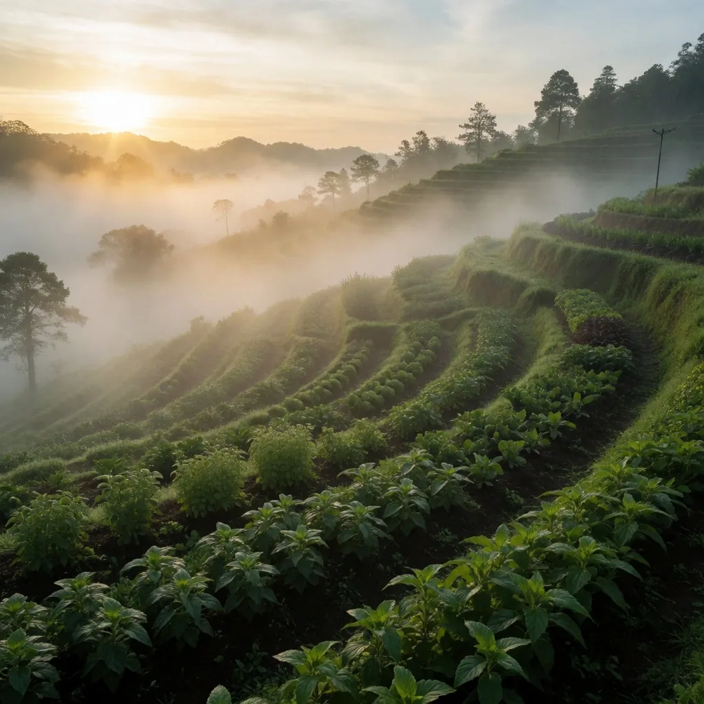 Indonesian highland botanical farm at dawn