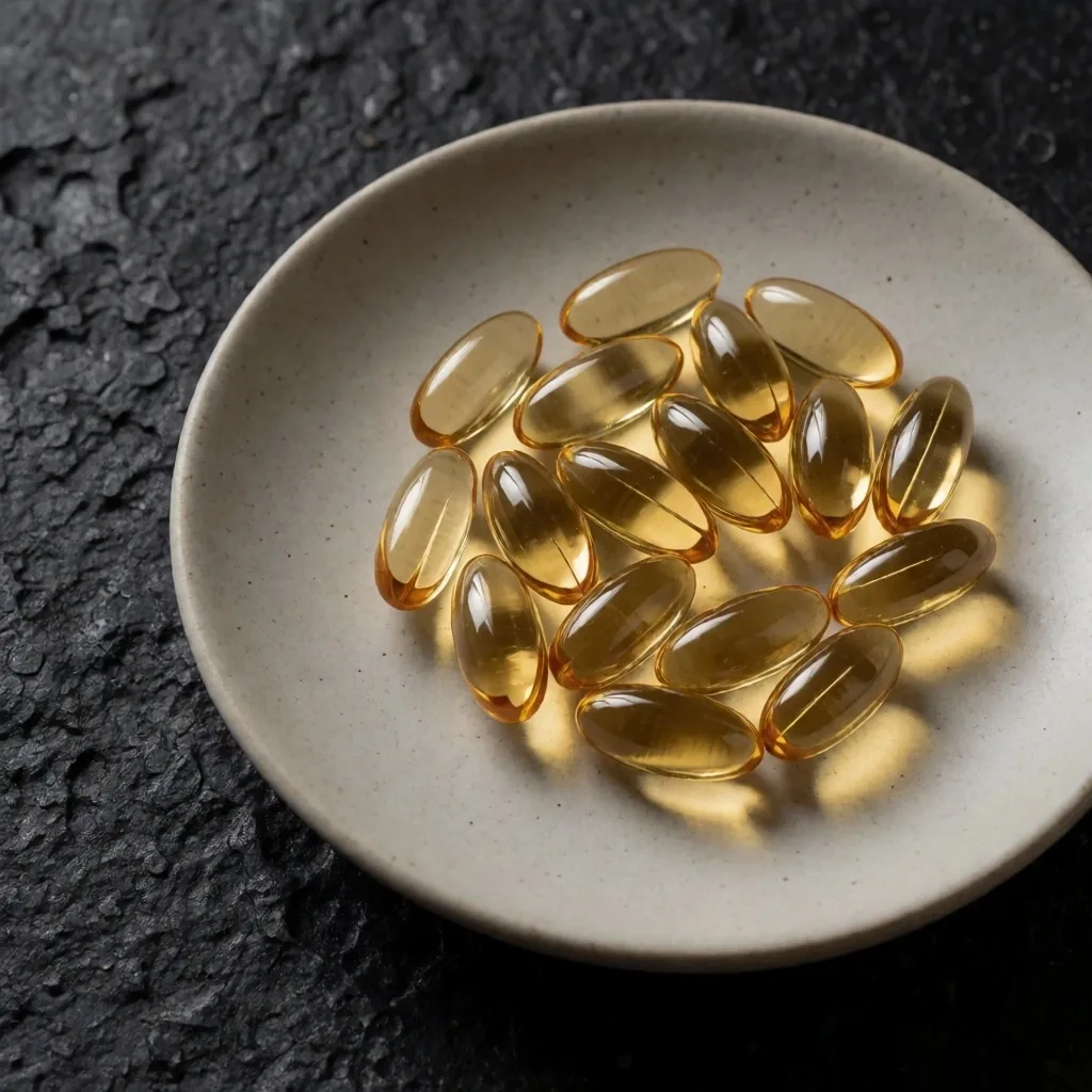 Natural supplement capsules in a ceramic dish
