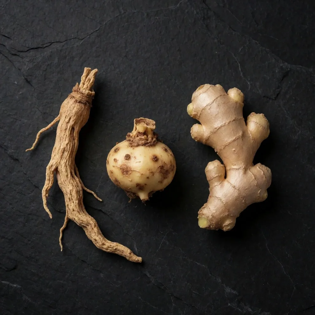 Ashwagandha, maca, and ginger roots on a dark surface
