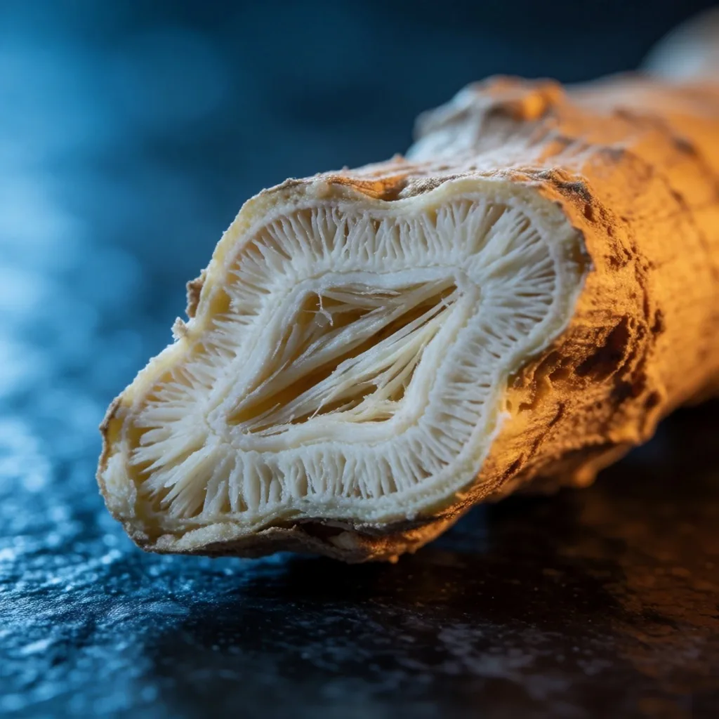 Cross-section of a botanical root on a dark stone surface
