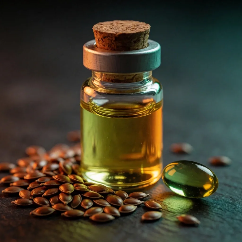 Flaxseed oil vial and capsules on a dark surface
